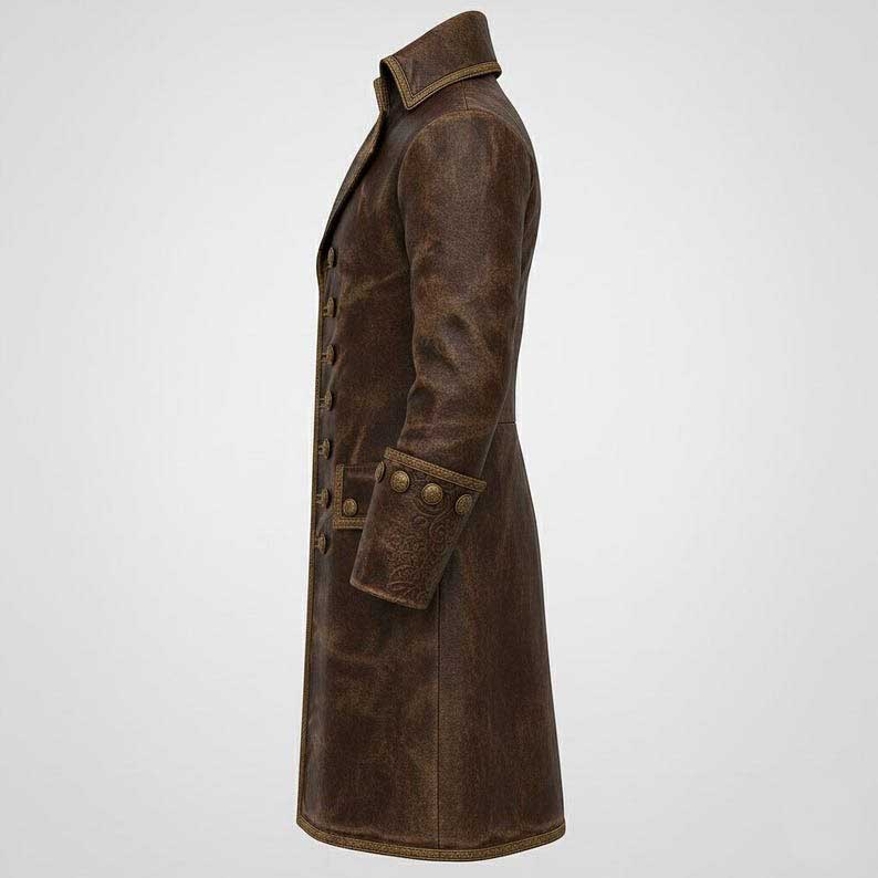 Long Brown Pirate Leather Trench Coat