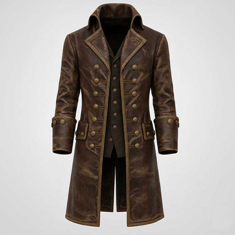 Pirate Captain Brown Leather Trench Coat