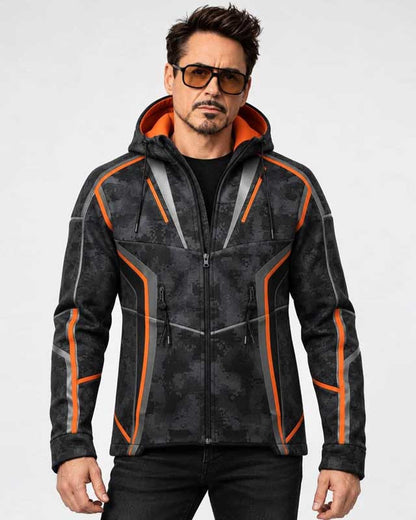Avengers Infinity War Tony Stark Hooded Jacket front view with charcoal, orange, and gray accents