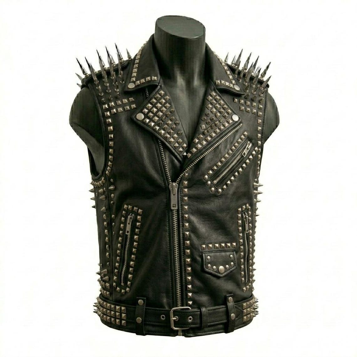 Front view of men heavy studded leather vest in black cowhide