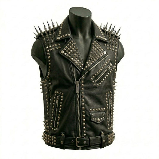 Front view of men heavy studded leather vest in black cowhide