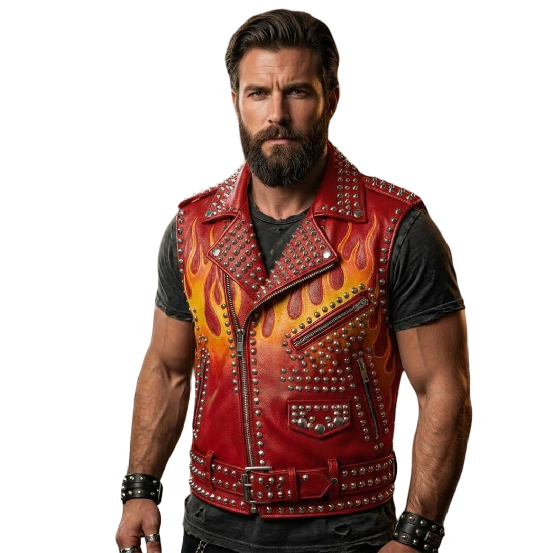 Front view of men studded flame print leather vest in genuine cowhide