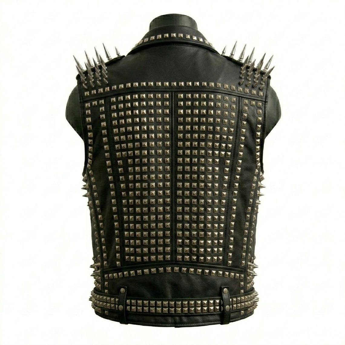 Back view of premium cowhide biker waistcoat with stud accents

