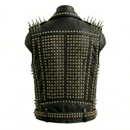 Back view of premium cowhide biker waistcoat with stud accents

