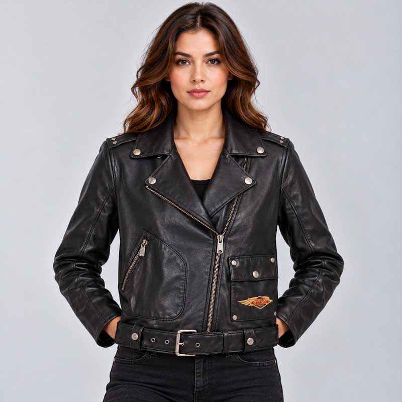 Front view of Harley-Davidson Women's 120th Anniversary Black Leather Jacket.