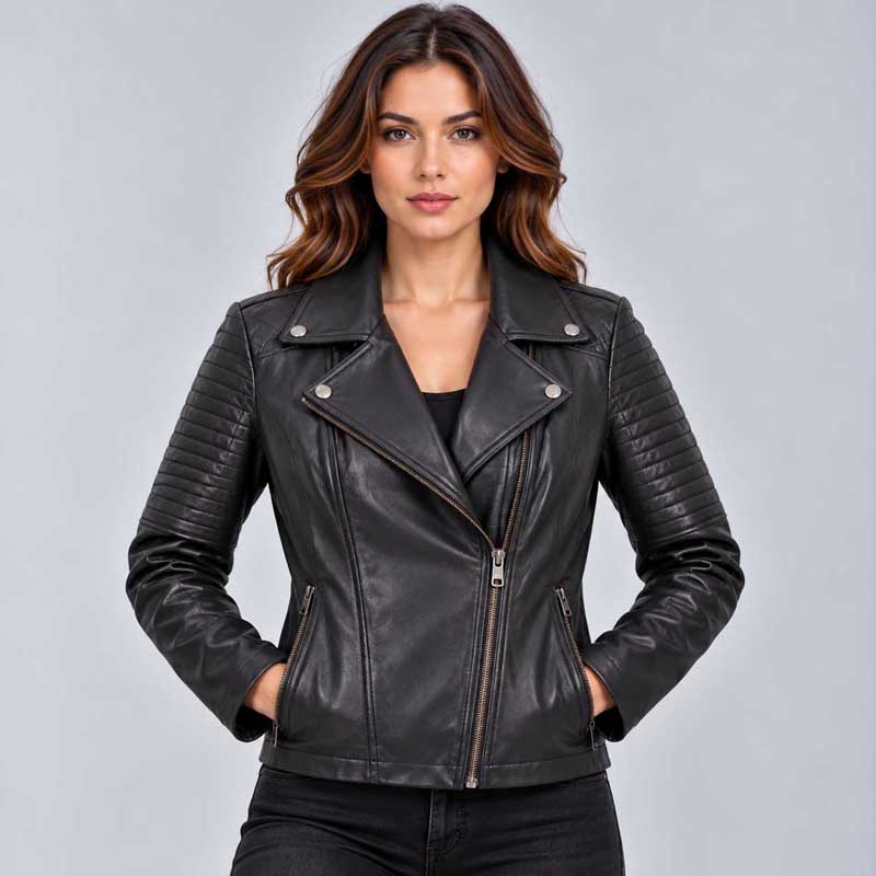Front view of Harley Davidson Women's Classic Black Biker Leather Jacket.