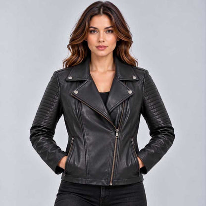 Front view of Harley Davidson Women's Classic Black Biker Leather Jacket.