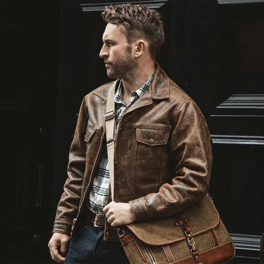 premium mens trucker distressed leather jacket in dark brown shearling store