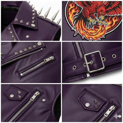 Premium purple studded leather biker vest for concerts and riding
