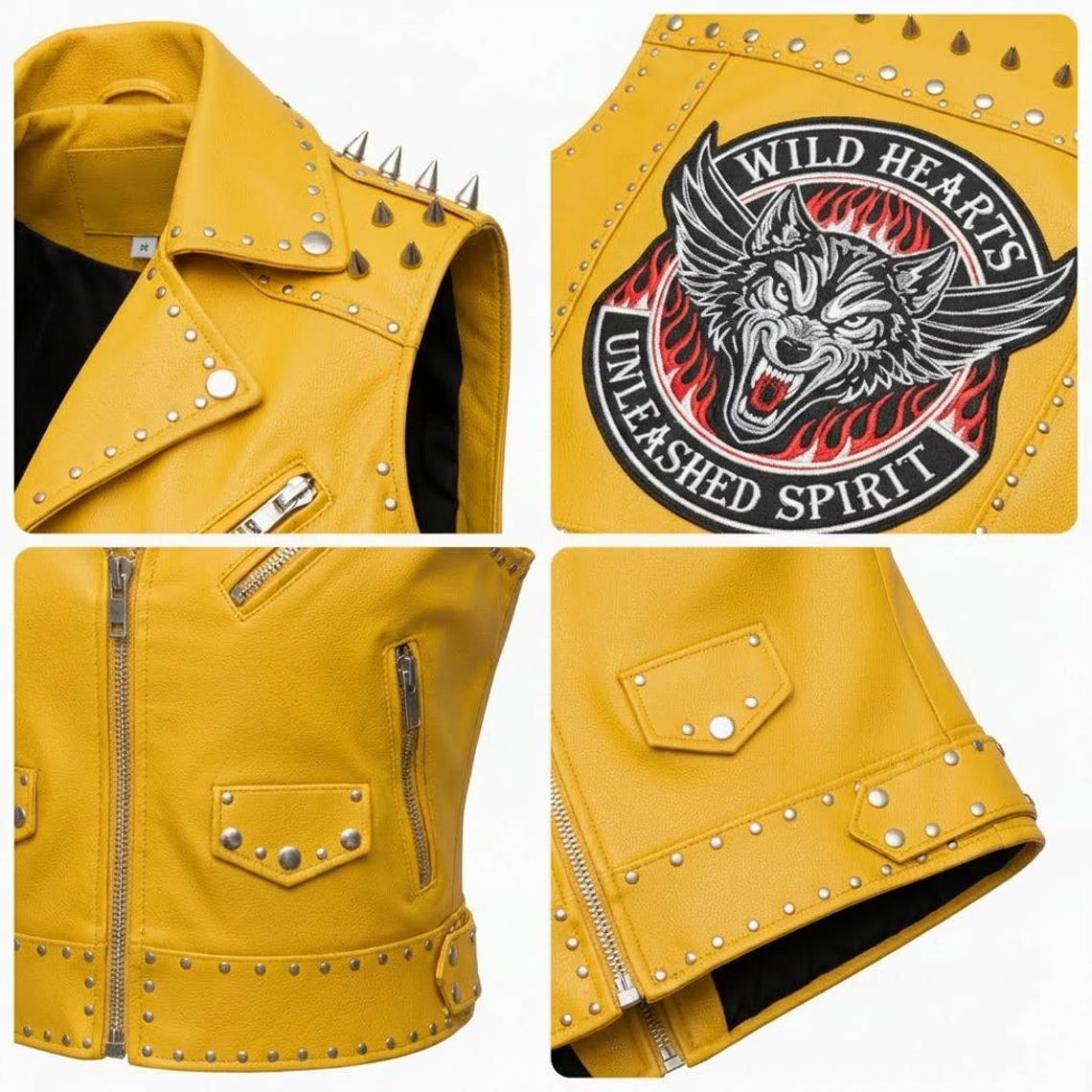 Premium women studded leather biker vest in vibrant yellow color