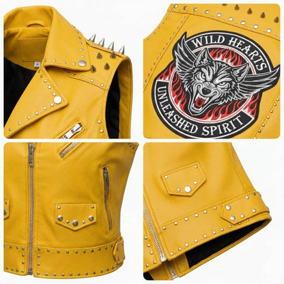 Premium women studded leather biker vest in vibrant yellow color