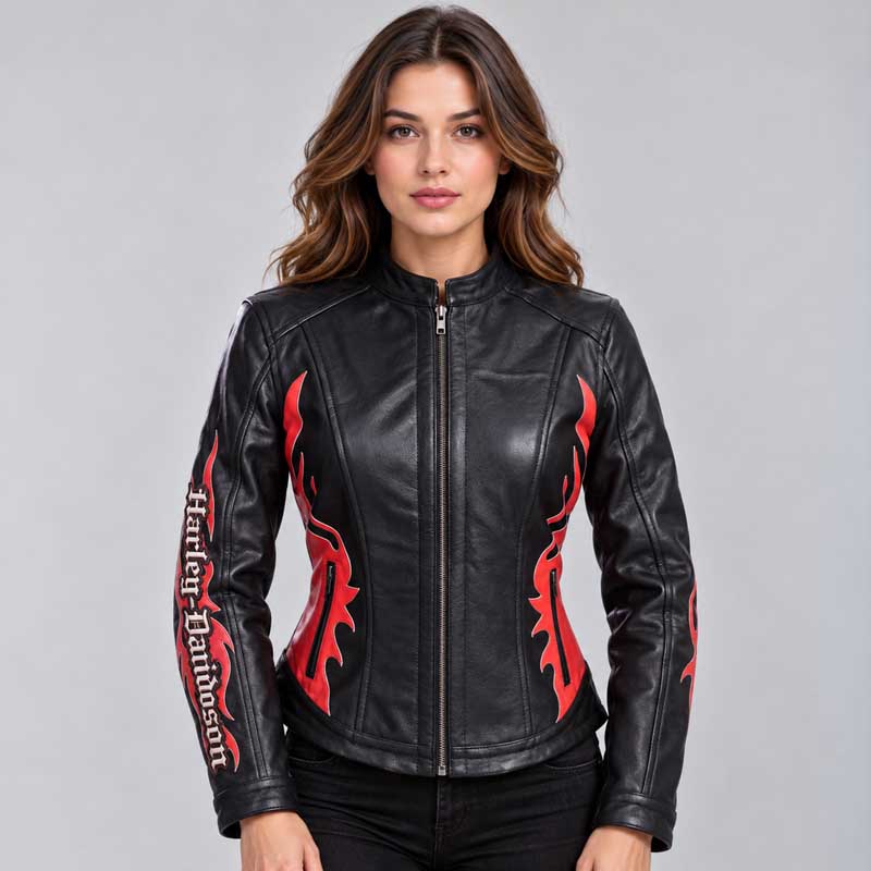 Front view of Womens Harley Davidson Leather Jacket featuring its motorcycle patch.