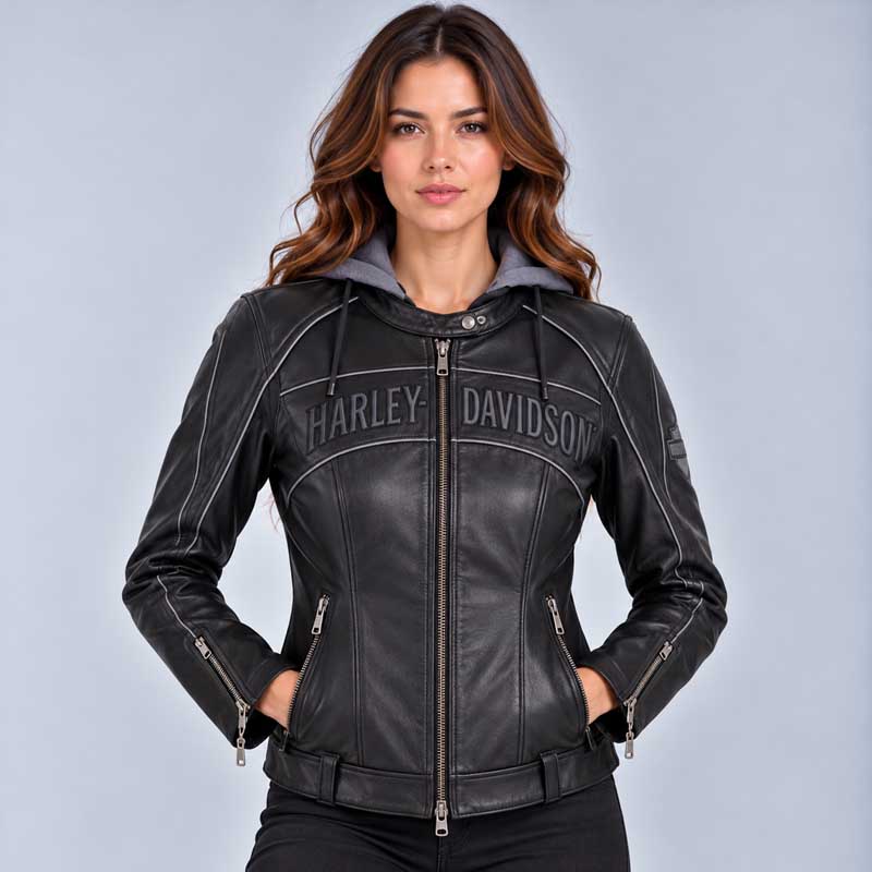 Front view of Womens HD Hooded Leather Jacket featuring Harley-Davidson branding.