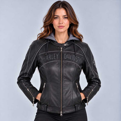Front view of Womens HD Hooded Leather Jacket featuring Harley-Davidson branding.