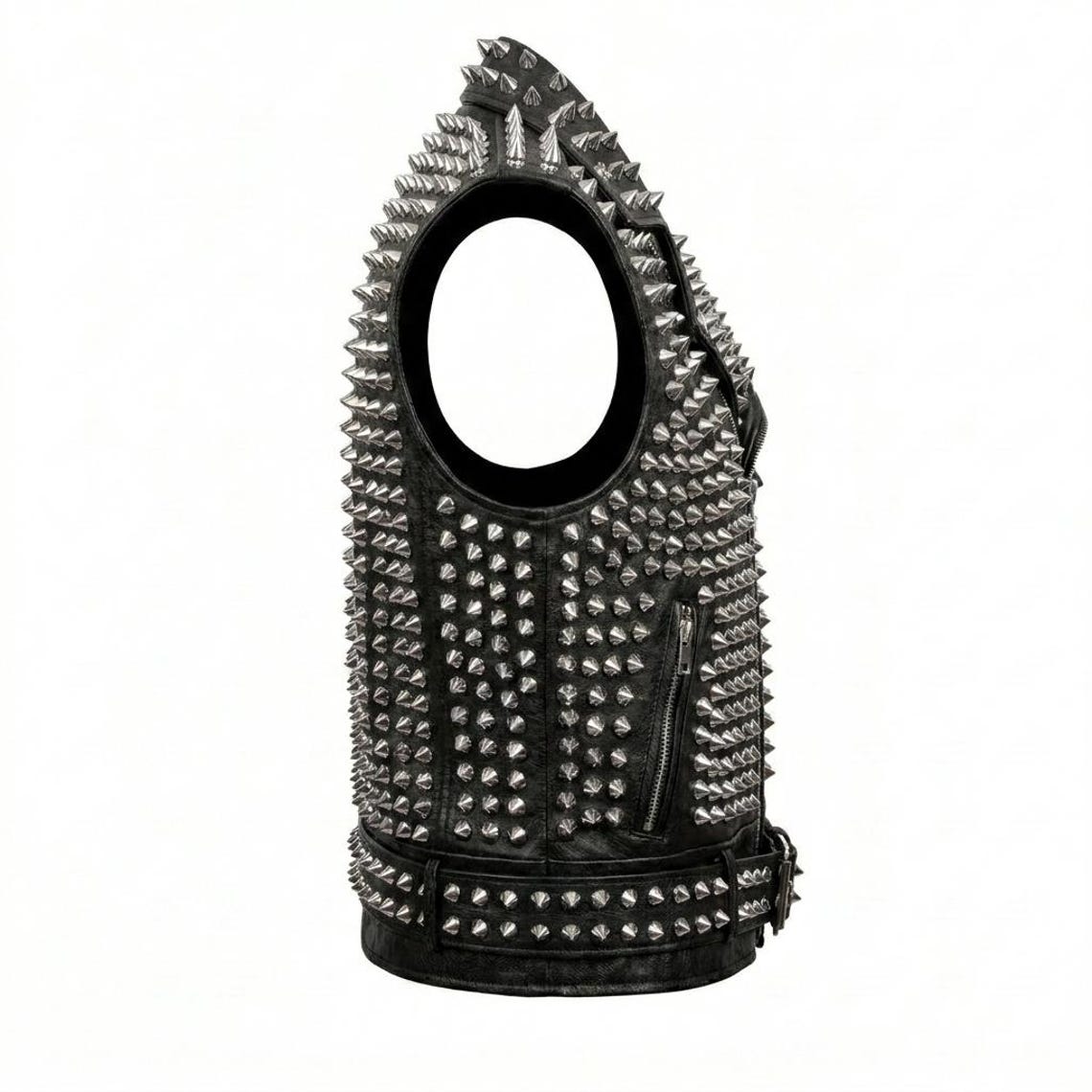 Side angle of punk gothic leather waistcoat with spike accents