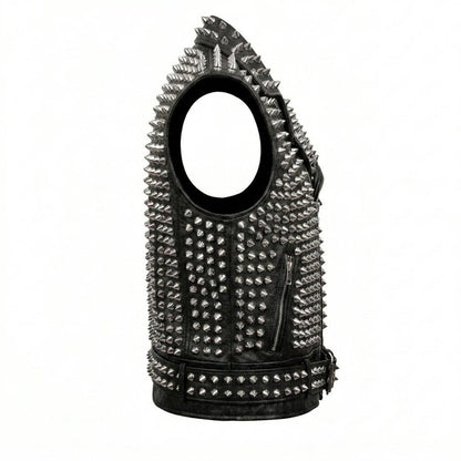 Side angle of punk gothic leather waistcoat with spike accents