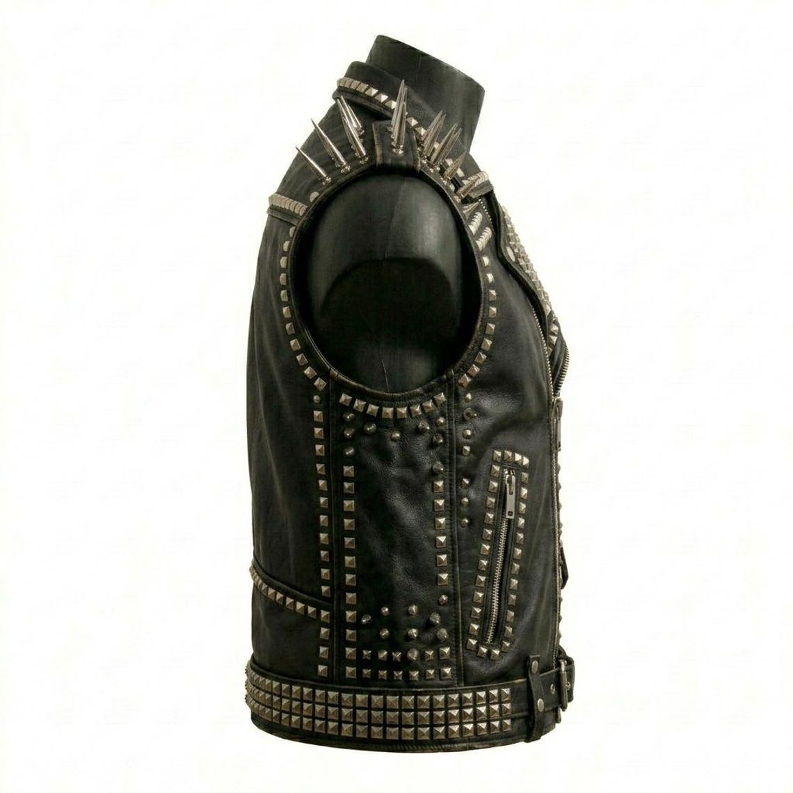Side profile of punk rock biker leather waistcoat with metal studs