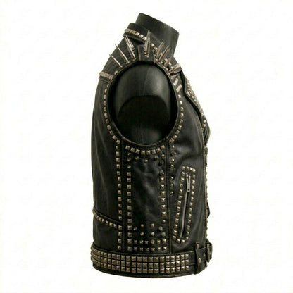 Side profile of punk rock biker leather waistcoat with metal studs