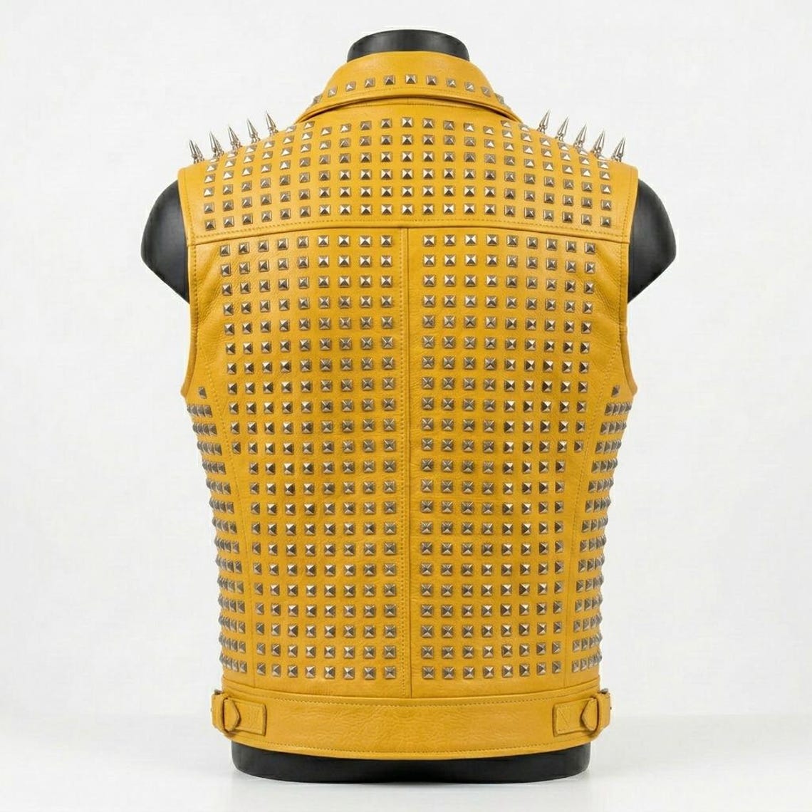  Back view of punk style yellow leather vest for men