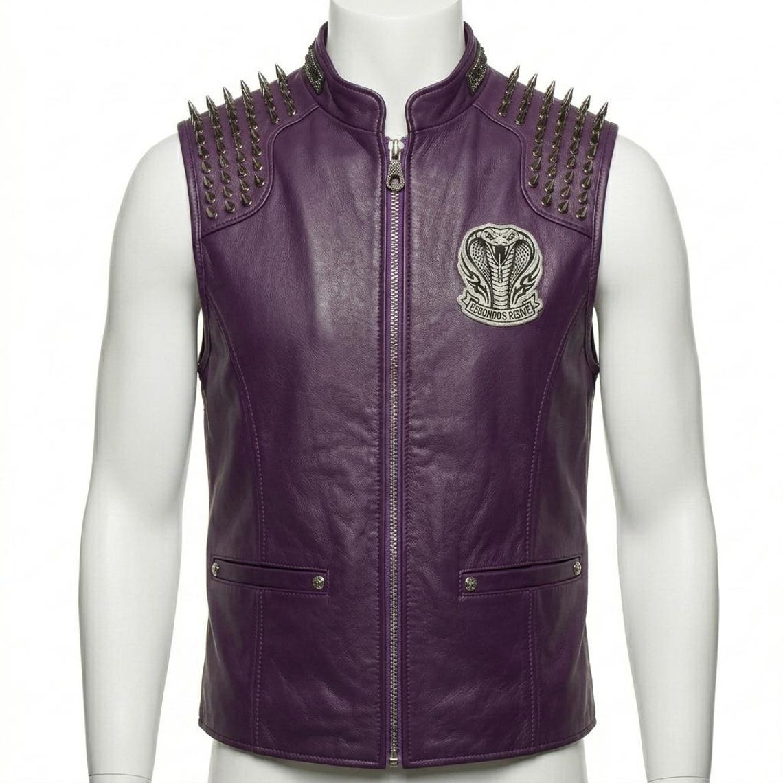 Front view of men purple leather biker vest with spike detail
