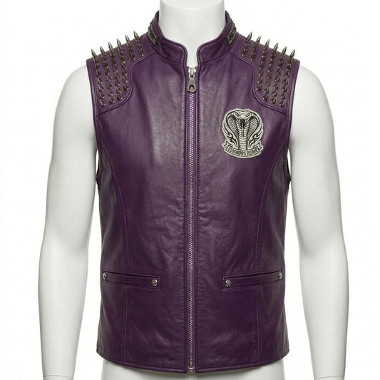 Front view of men purple leather biker vest with spike detail