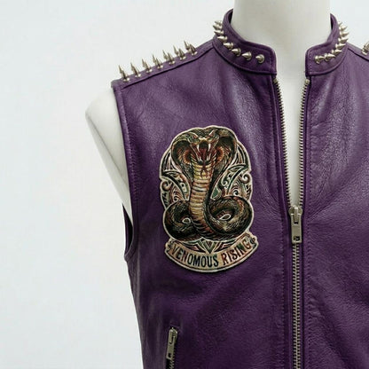 Close up of studded detail on purple biker leather vest for men