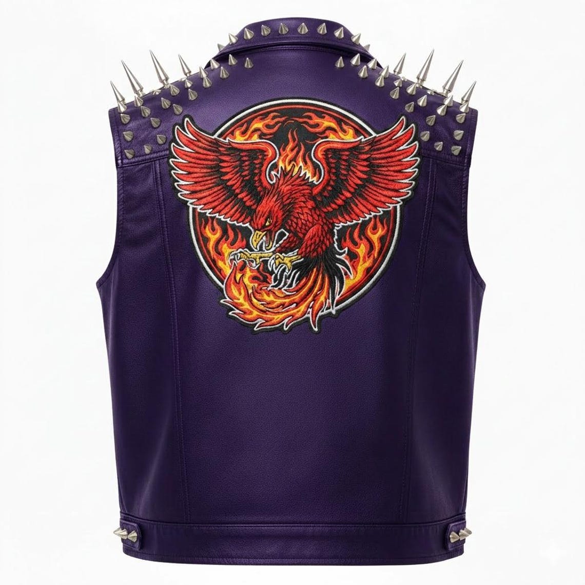 Back view of purple biker vest featuring phoenix fire embroidered patch