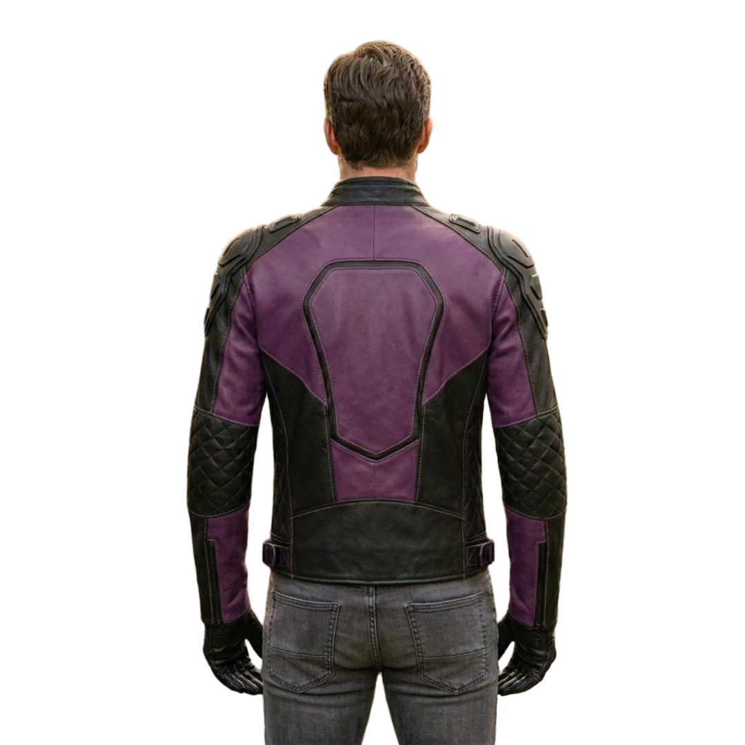 Back design of purple and black moto jacket showing racing style panels