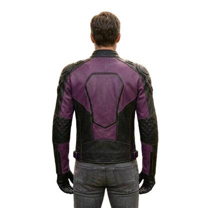 Back design of purple and black moto jacket showing racing style panels