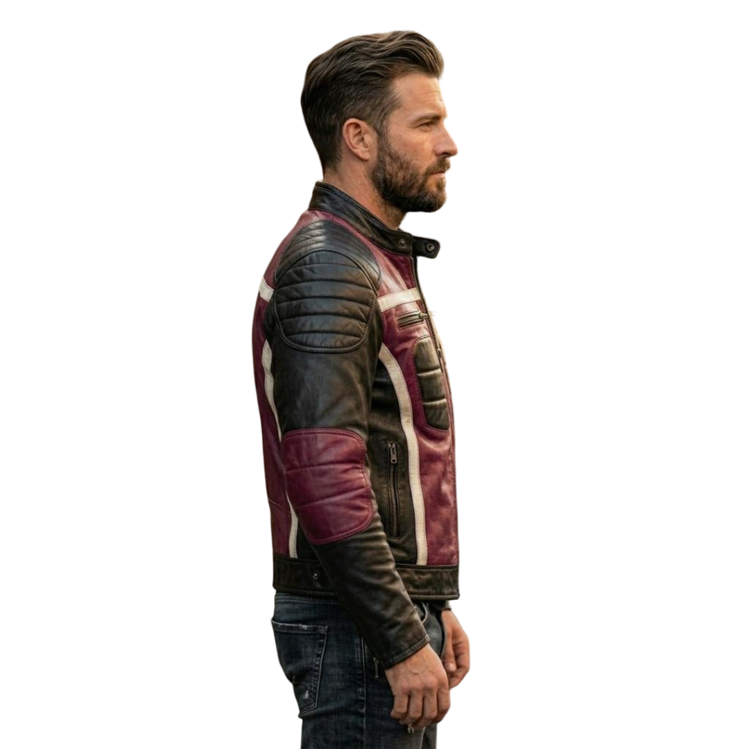 Side angle of purple and black racing style leather jacket for men
