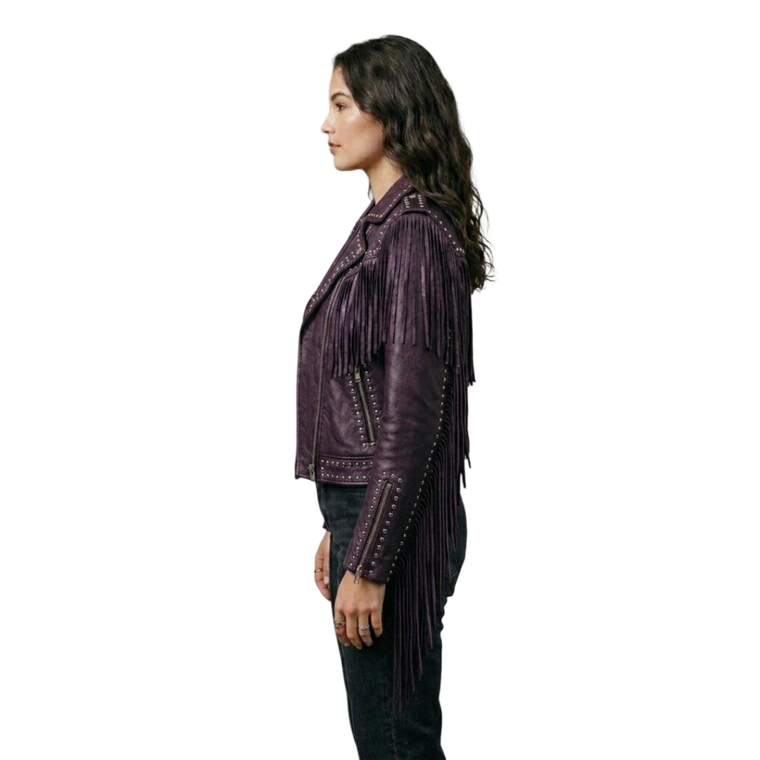 Side angle of purple fringe studded leather moto jacket for women