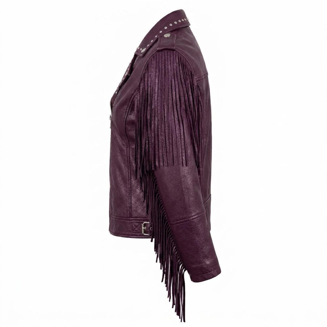 Side profile of slim fit purple fringe studded moto jacket for women