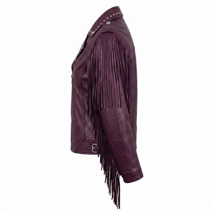 Side profile of slim fit purple fringe studded moto jacket for women