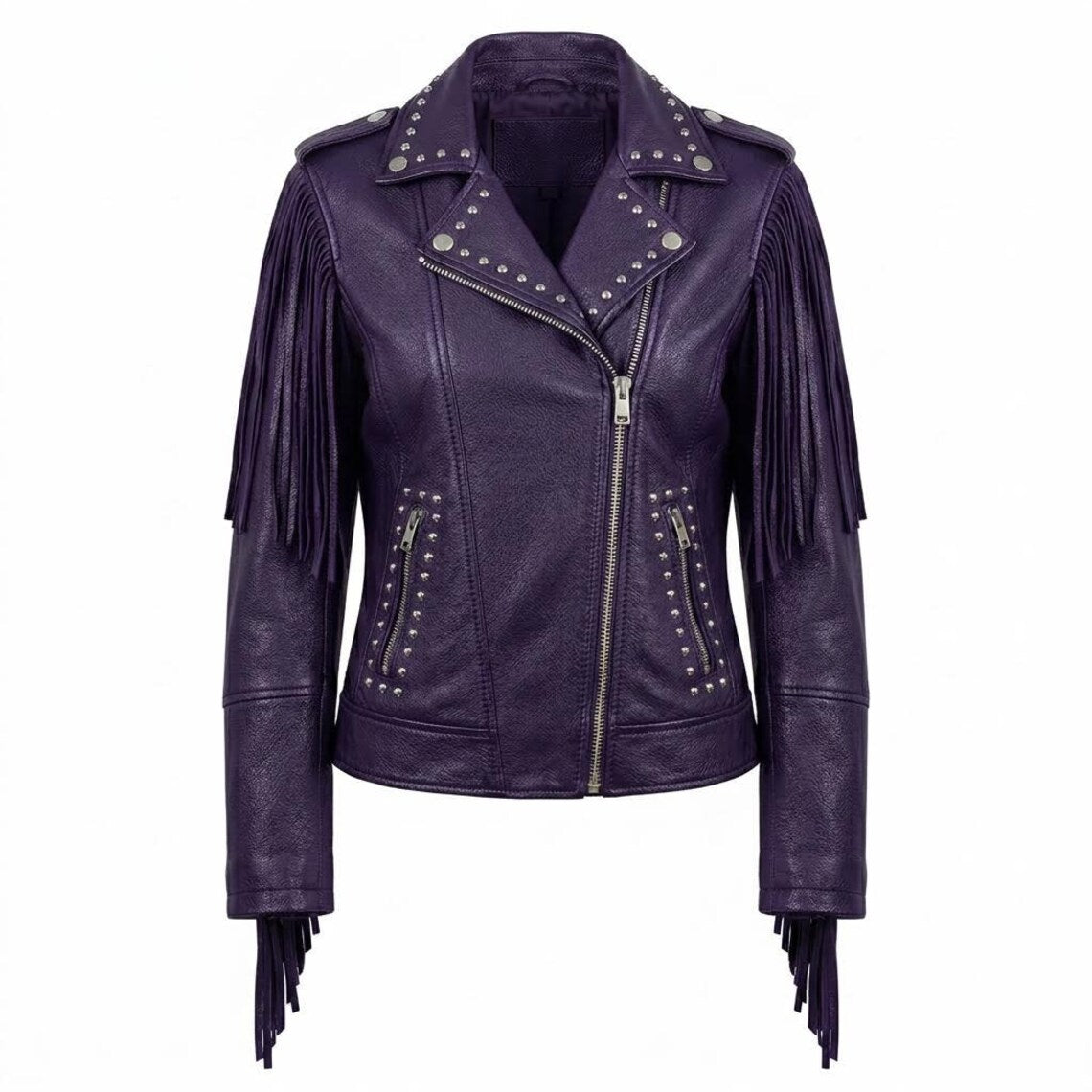 Front view of women’s purple leather biker jacket with fringe and stud detail