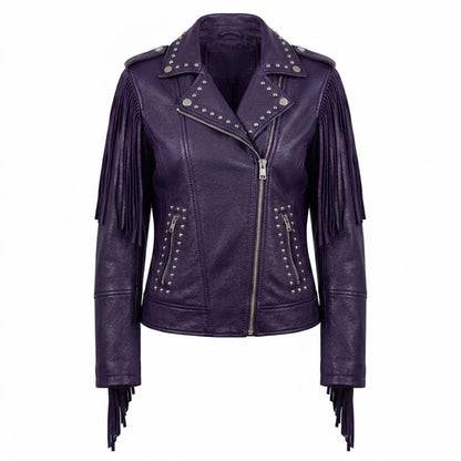 Front view of women’s purple leather biker jacket with fringe and stud detail