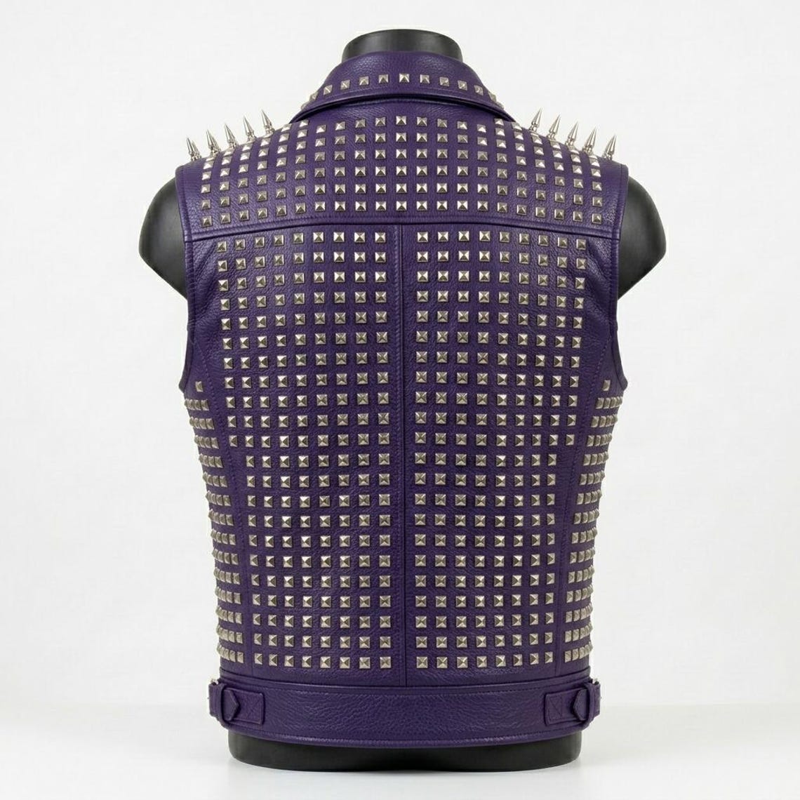 Back design of gothic purple leather biker vest for men