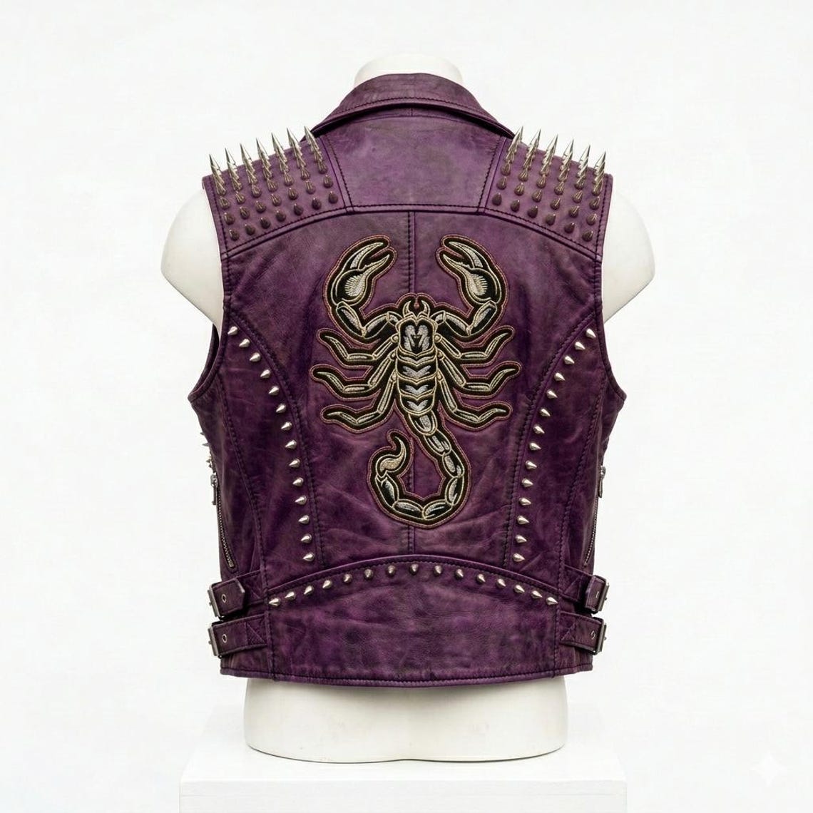 Back detail of gothic purple leather biker vest with embroidery