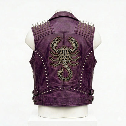 Back detail of gothic purple leather biker vest with embroidery