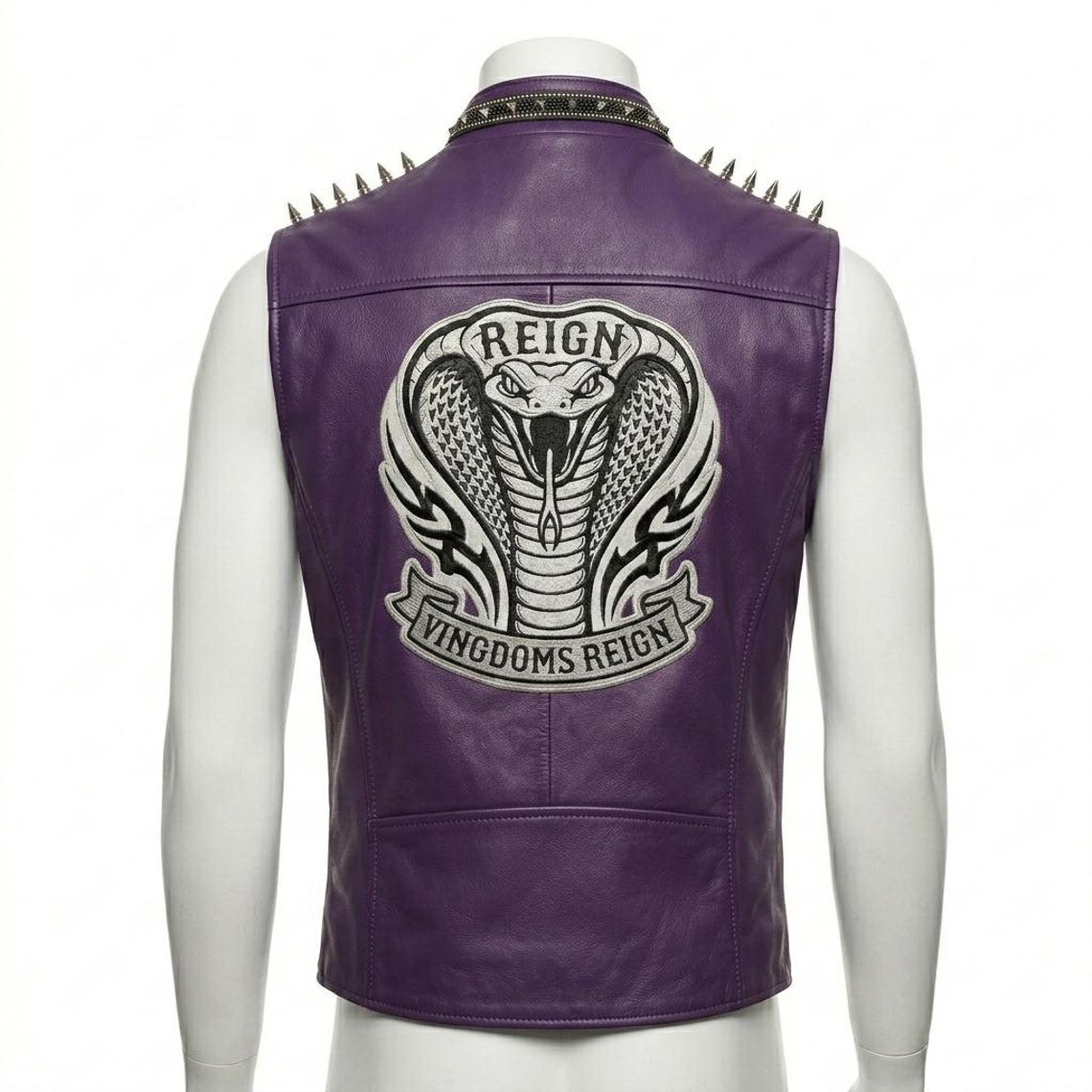 Back embroidery detail on purple leather biker vest for men