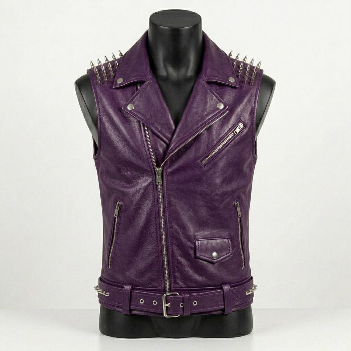 Front view of men purple leather biker vest with skull patch