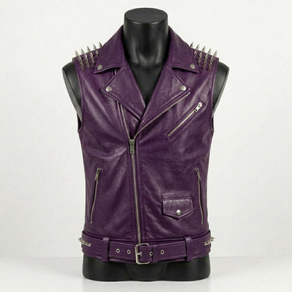 Front view of men purple leather biker vest with skull patch