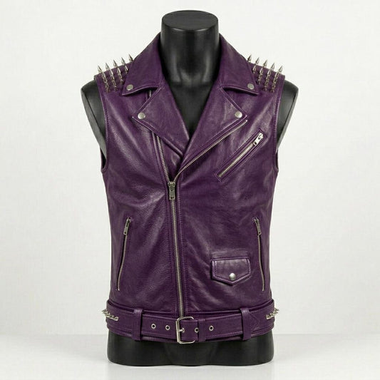 Front view of men purple leather biker vest with skull patch