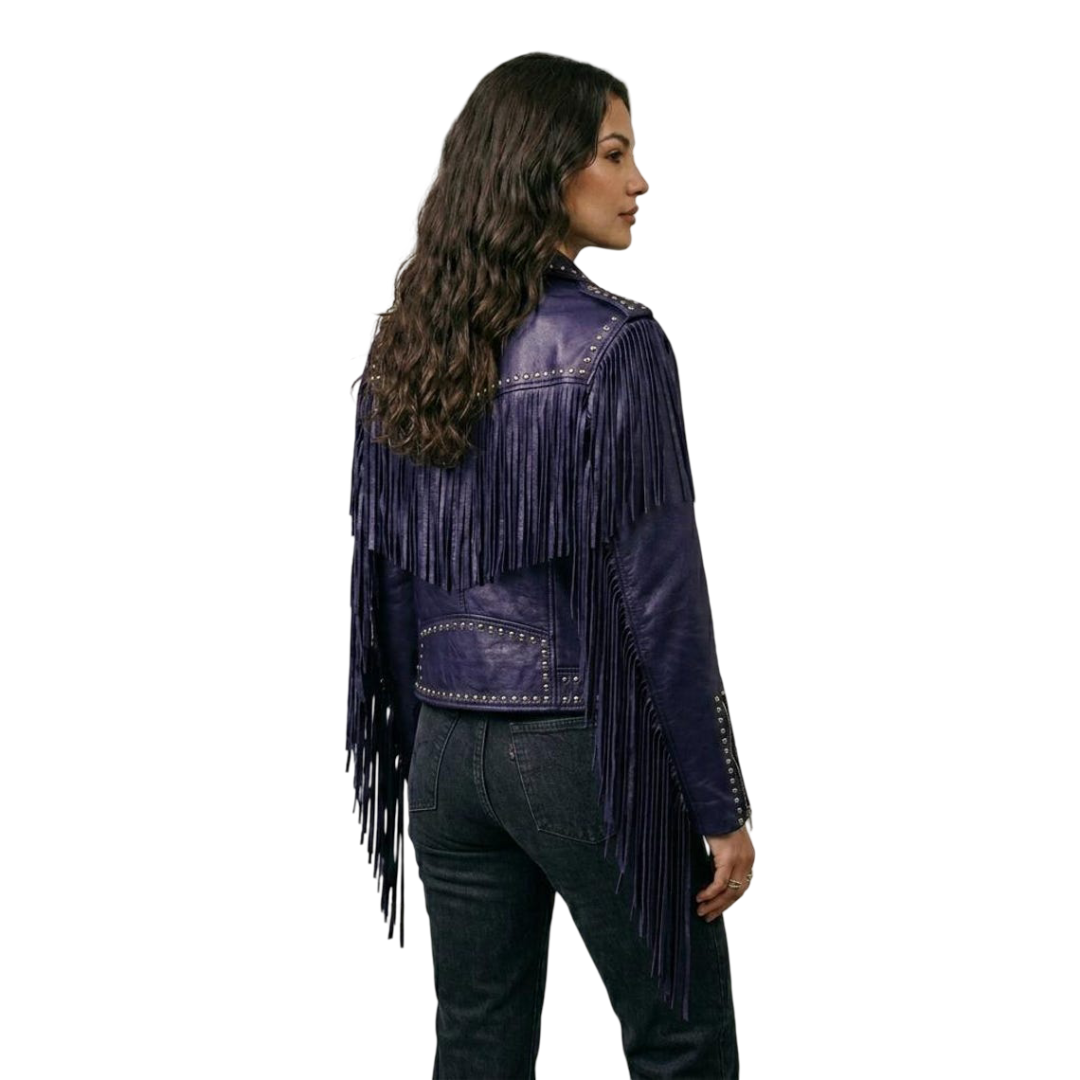 Back view of purple leather fringe jacket showing long fringe design