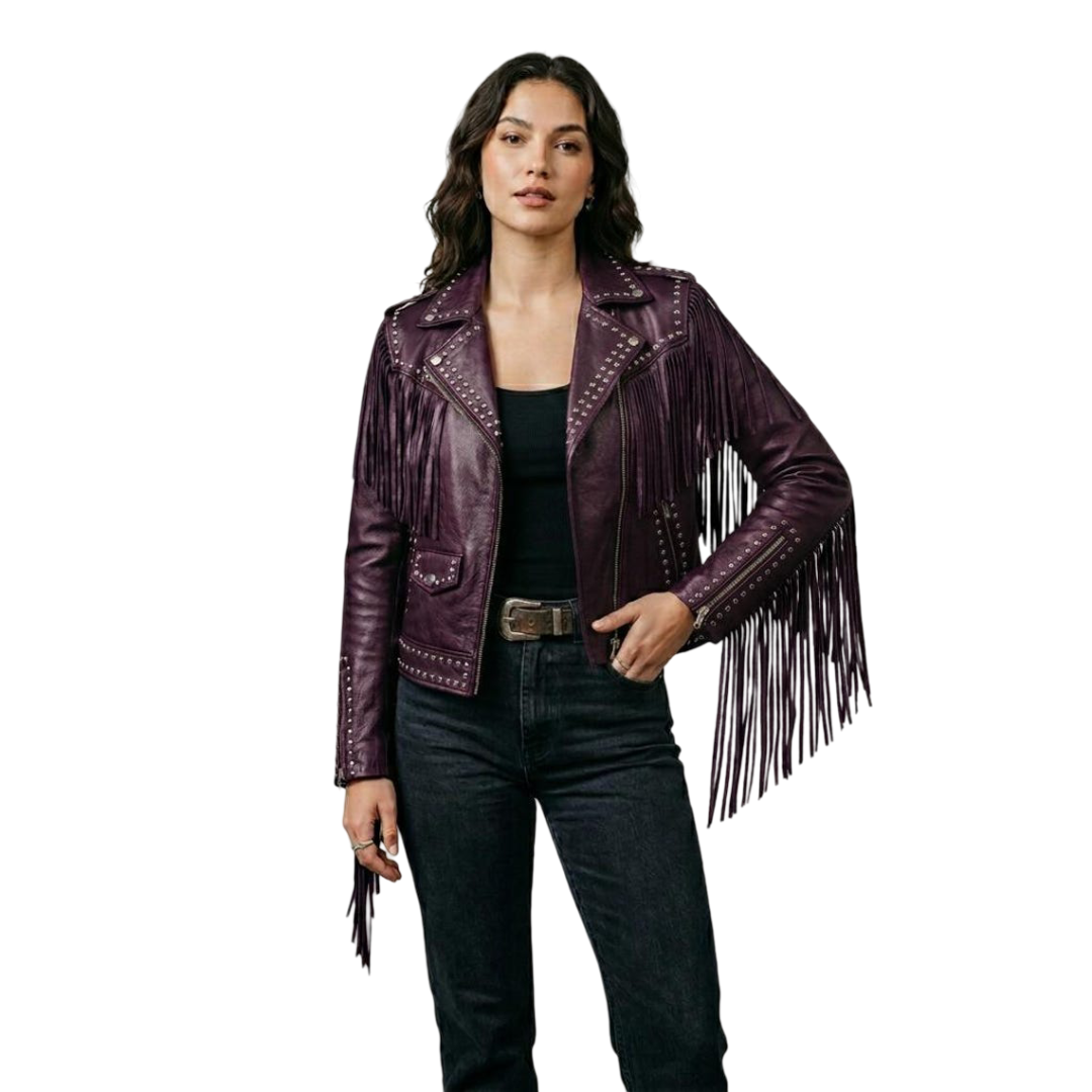 Front view of women purple leather fringe jacket with studded detail
