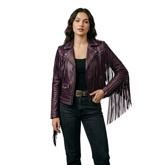 Front view of women purple leather fringe jacket with studded detail