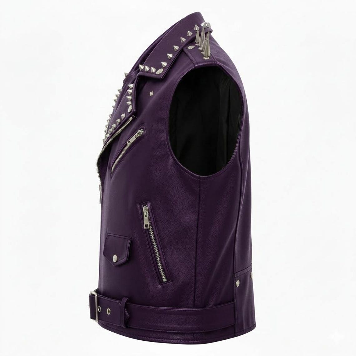 Side angle view of purple leather biker vest with spikes