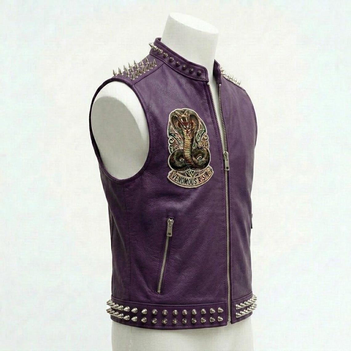 Side profile of purple leather waistcoat biker style for men