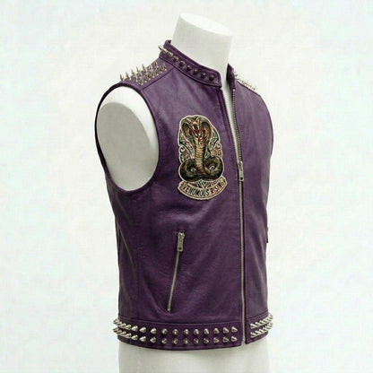 Side profile of purple leather waistcoat biker style for men