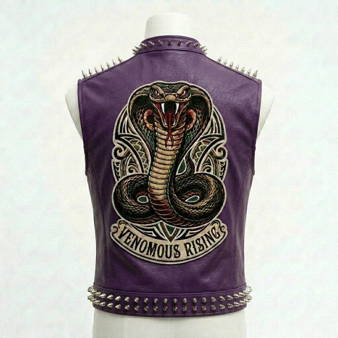 Back view of men’s purple motorcycle leather vest