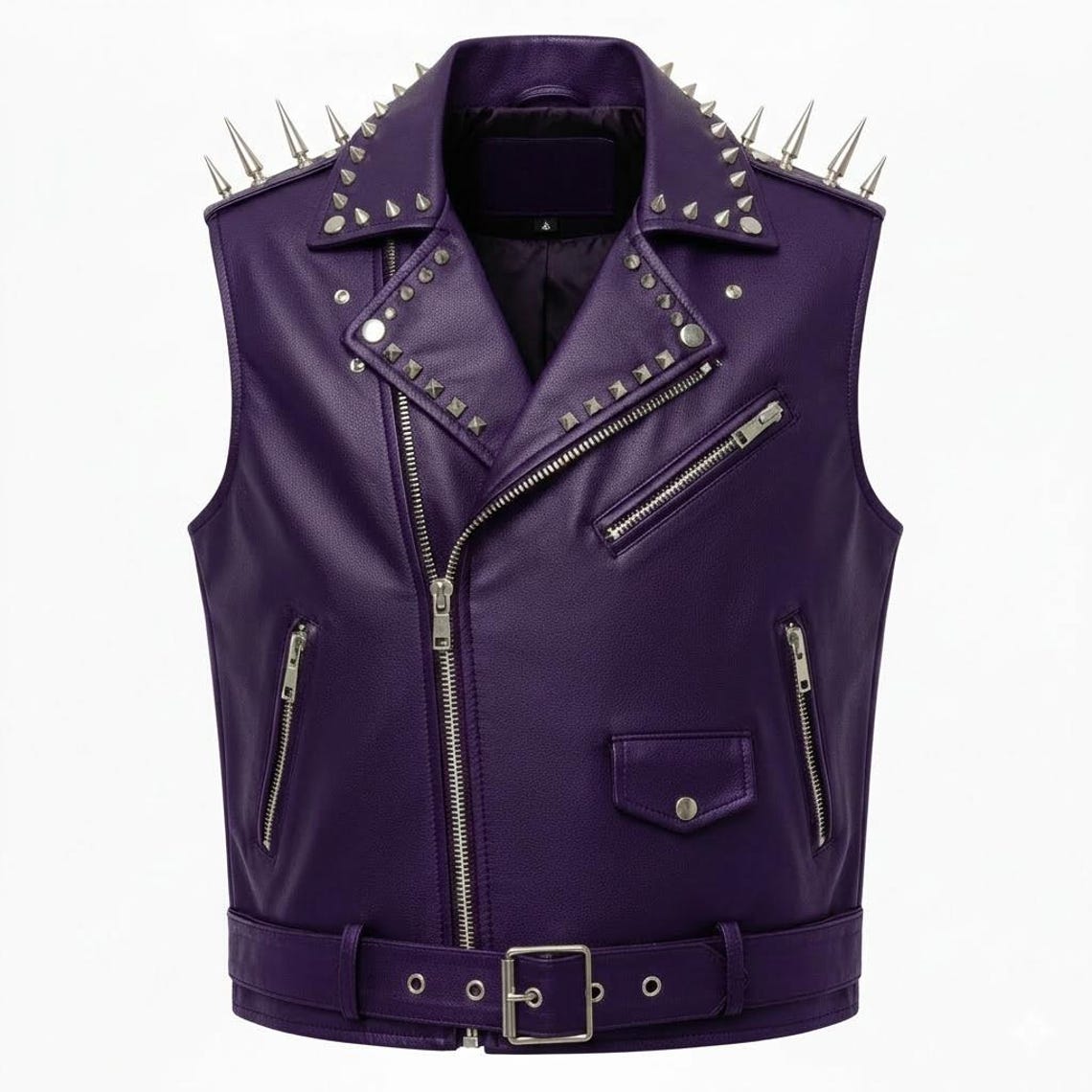 Front view of purple studded leather biker vest with metal spikes